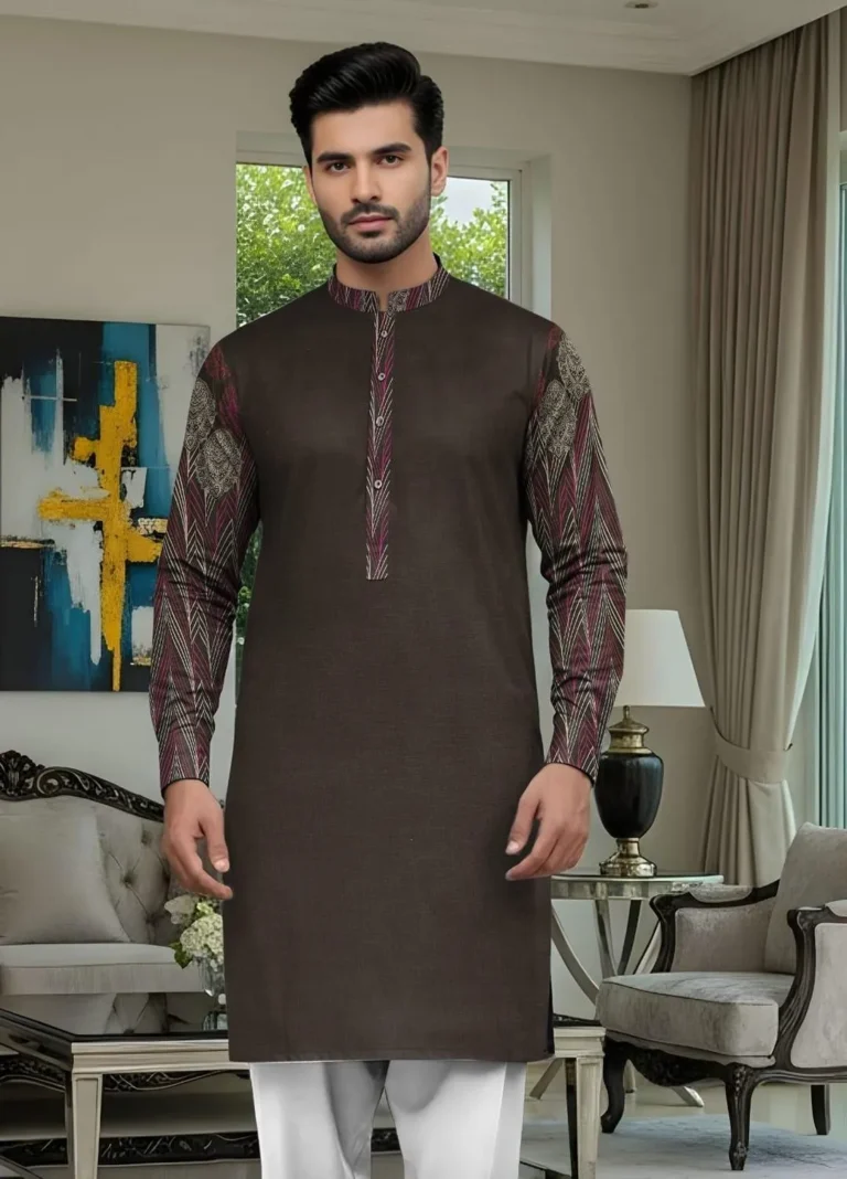 Brown Cotton Kurta for Men in Pakistan – Self Print Stylish Winter Wear