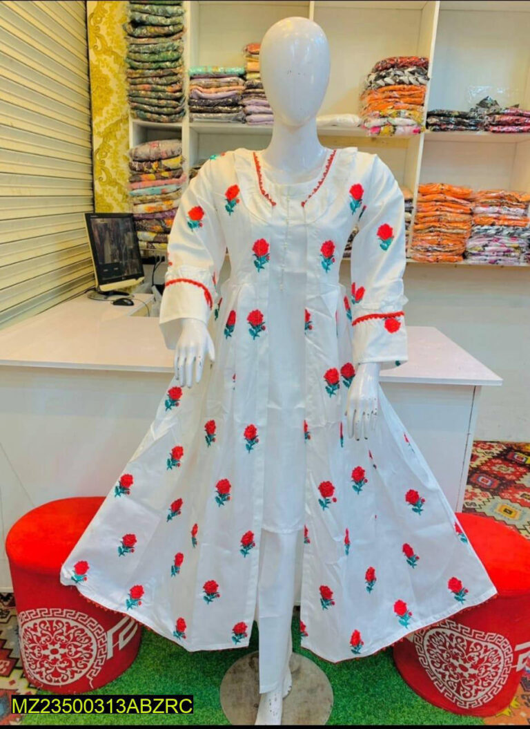 Elegant Katan Silk Red Rose Embroidered Gown 3 Piece Suit for Women