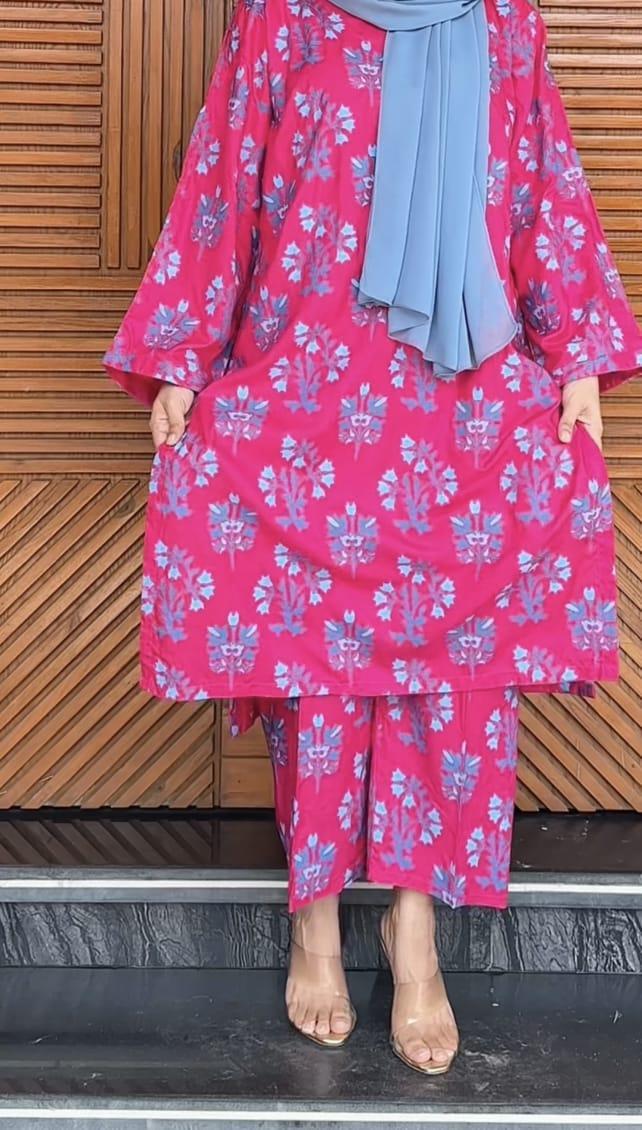 Pink Floral Printed Linen 2 Piece Suit for Women – Stylish Summer Outfit