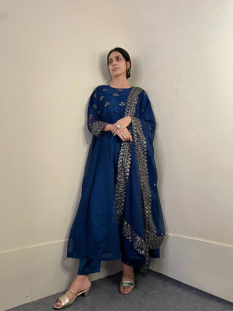 Royal Blue Chiffon Embroidered Maxi 3 Piece Suit for Women – Elegant Party Wear