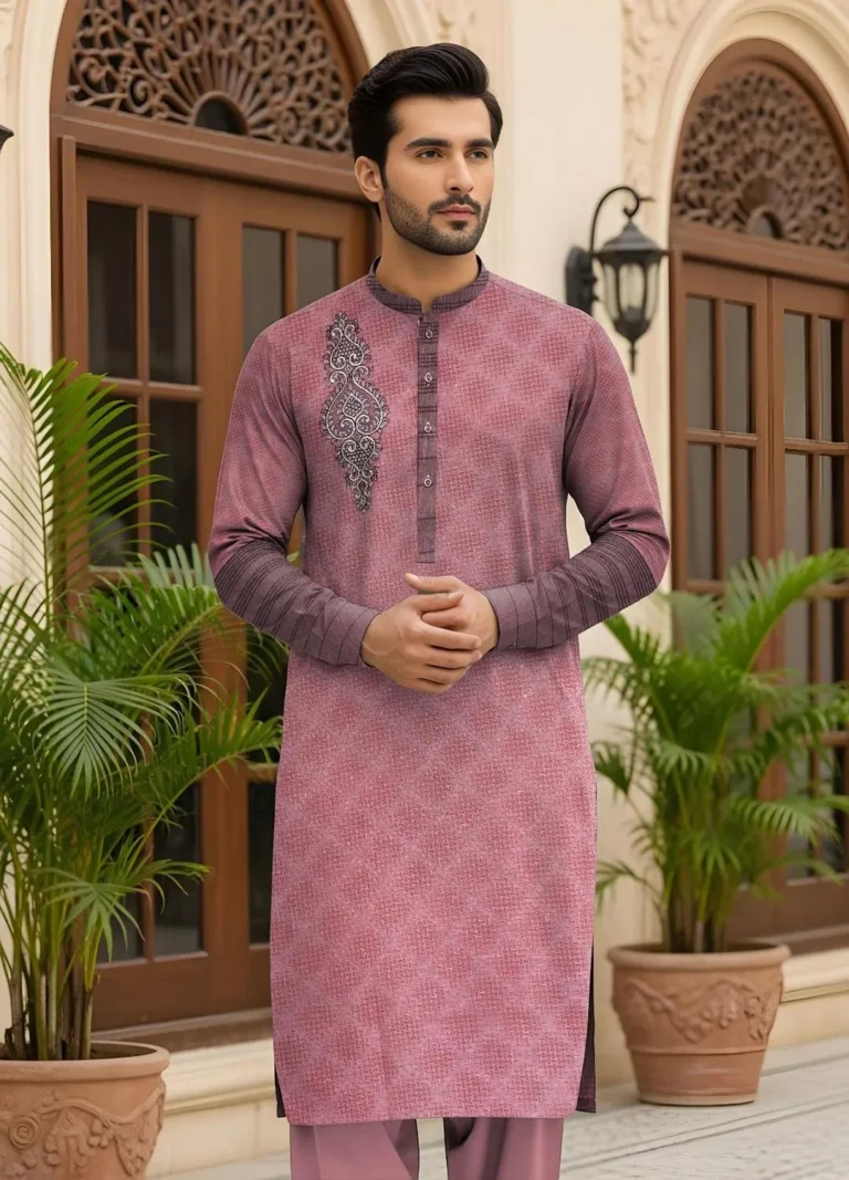 Men’s Pink Cotton Embroidered Unstitched Suit – Lightweight Summer Fabric