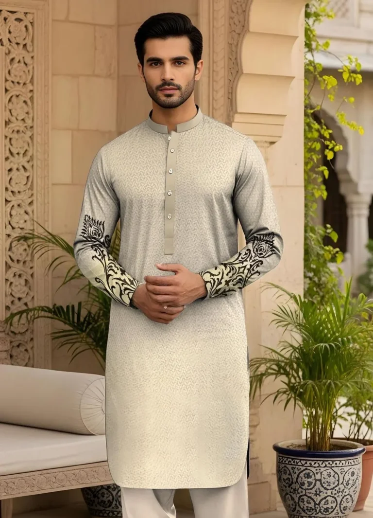 Men’s Off White Cotton Embroidered Unstitched Suit – Lightweight Summer Fabric