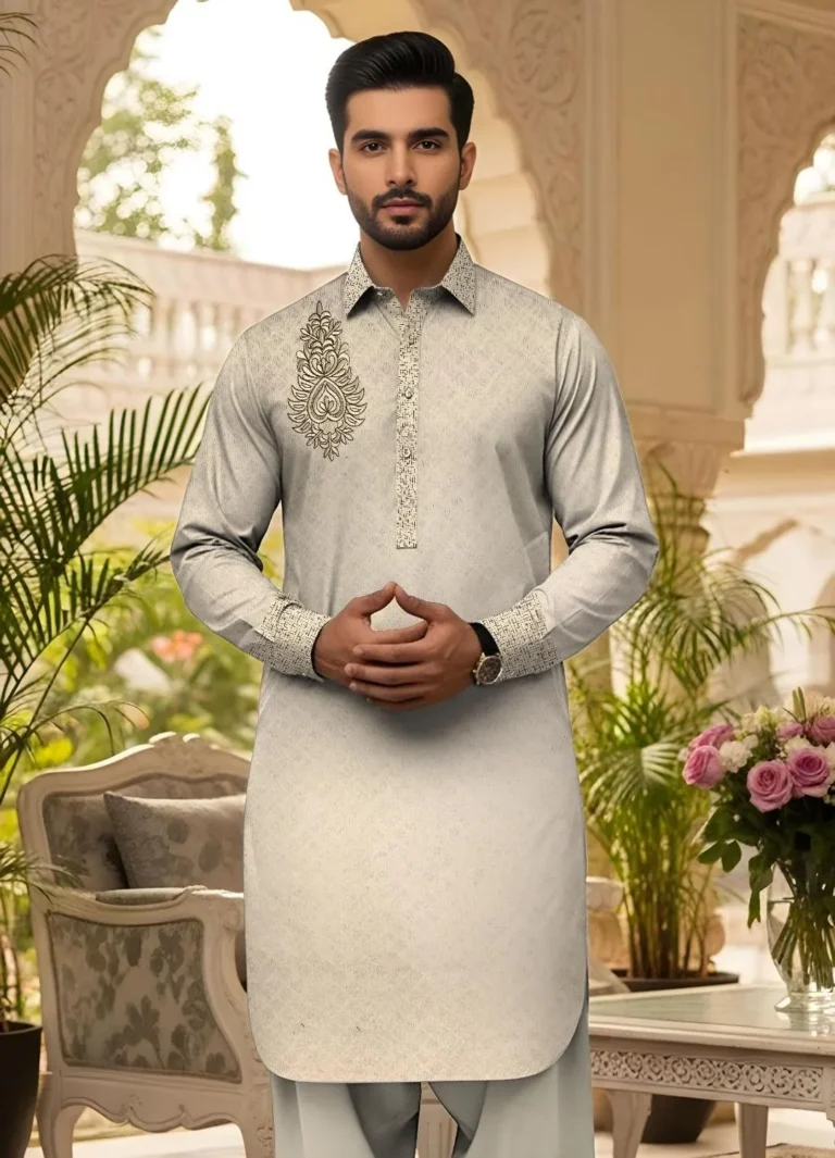 Men’s Off White Cotton Embroidered Unstitched Suit – Premium Summer Fabric