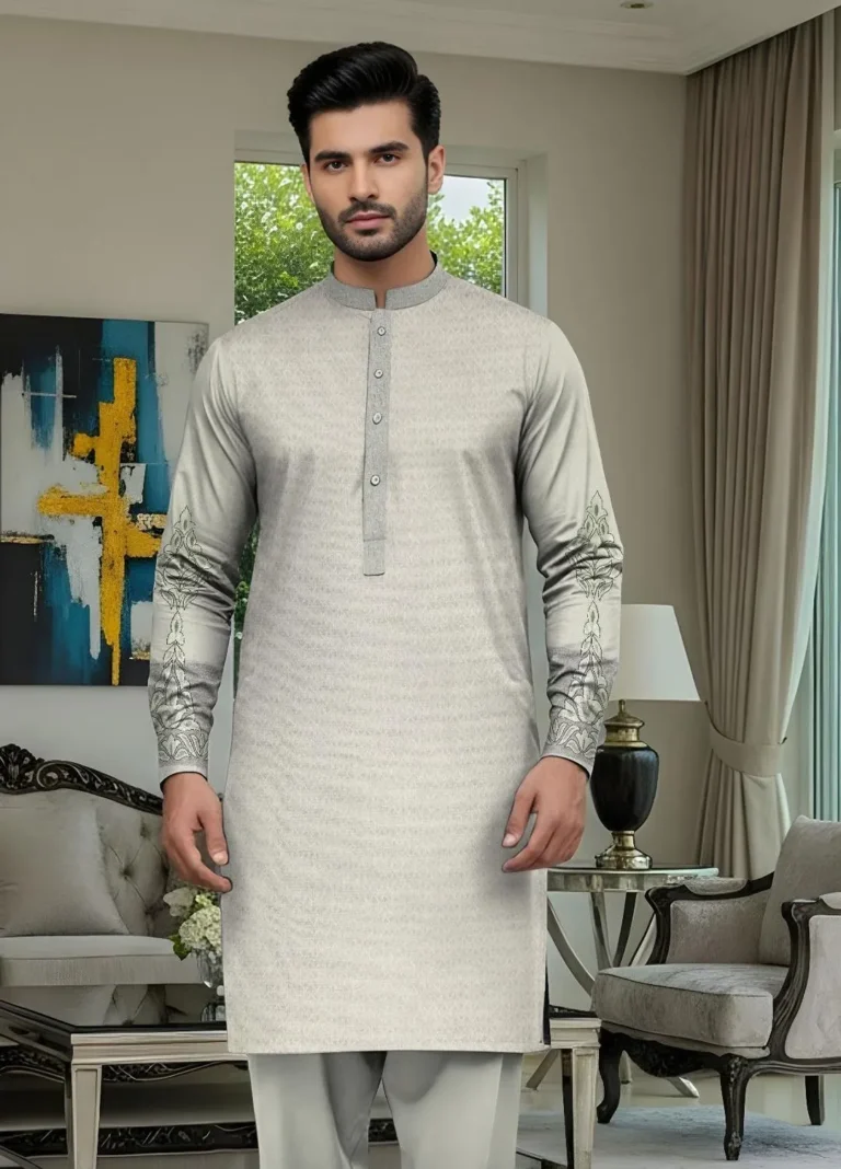Off White Cotton Embroidered Unstitched Suit for Men – Comfortable Summer Fabric