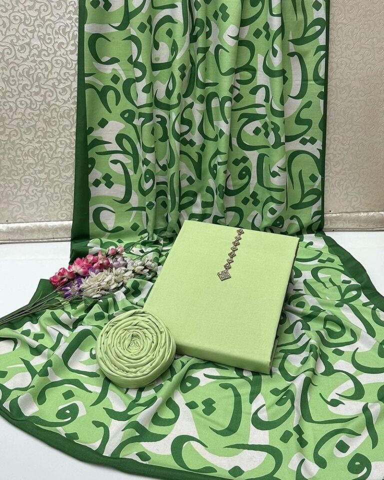 Elegant Pista Green Katan Silk 3 Piece Suit With Calligraphy Dupatta – Stylish Women Outfit for Weddings & Office Wear in Pakistan