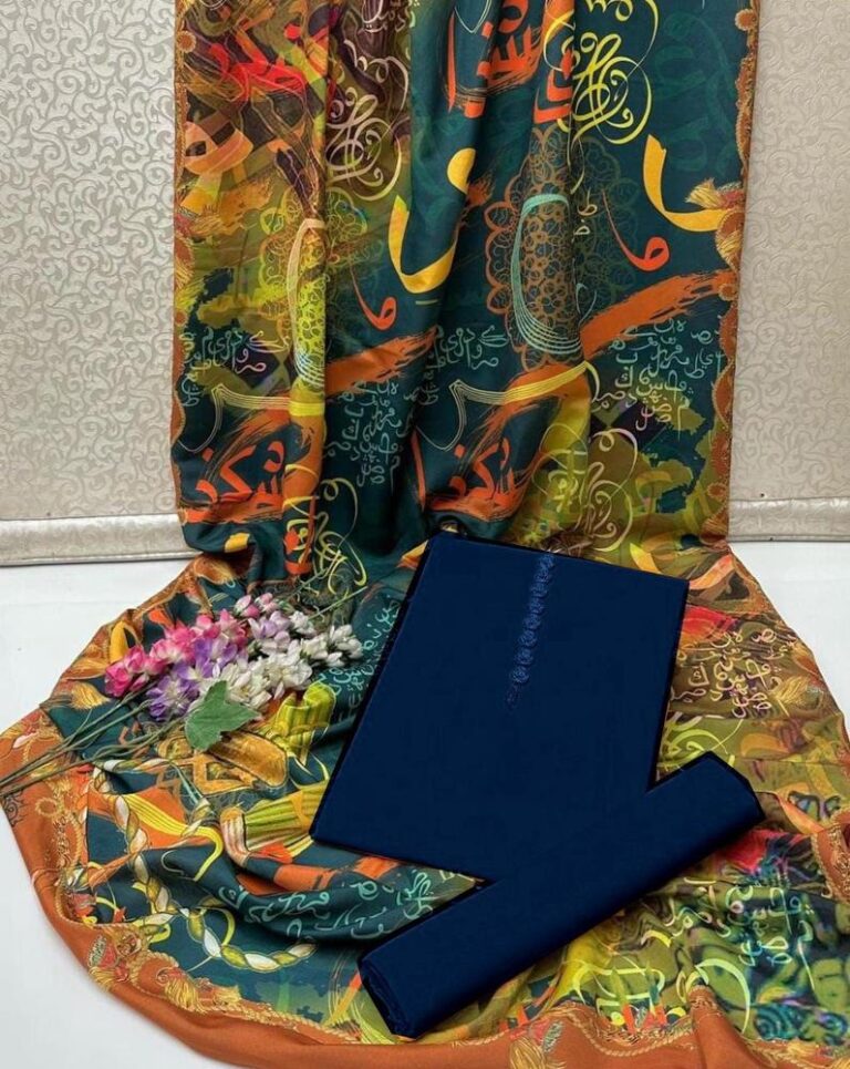 Elegant Navy Blue Katan Silk 3 Piece Suit With Calligraphy Dupatta – Stylish Women Outfit for Weddings & Office Wear in Pakistan