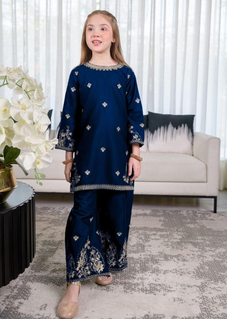 Elegant 2 Piece Girls Cotton Embroidered Kurta Set – Soft Blue Daily Wear Outfit for Ages 7–12 Years in Pakistan