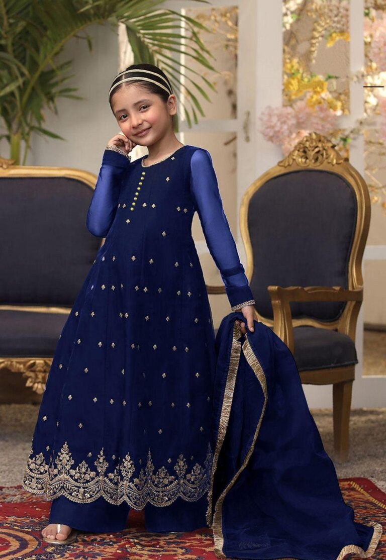 Blue Embroidered Kids Maxi Dress with Lace Dupatta – Elegant 3-Piece Party Wear for Girls