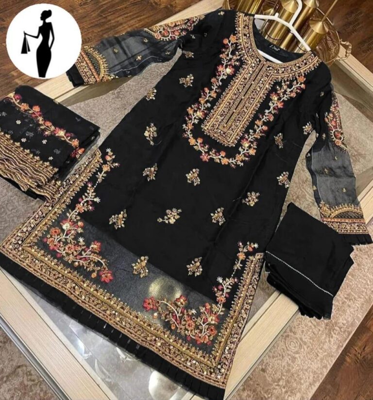 Elegant Black Organza Embroidered 3 Piece Suit With Malai Trouser & Dupatta – Luxury Wedding & Party Wear for Women in Pakistan
