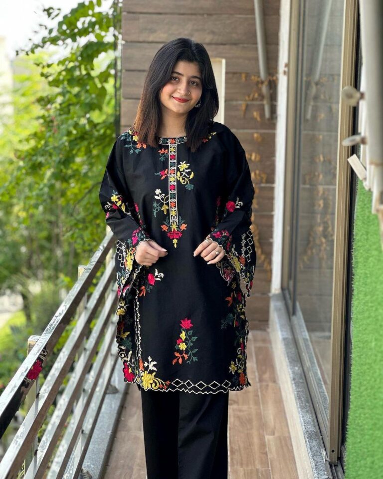Multi-Color Embroidered Linen Shirt with Trouser – Elegant 2 Piece Black Outfit for Women