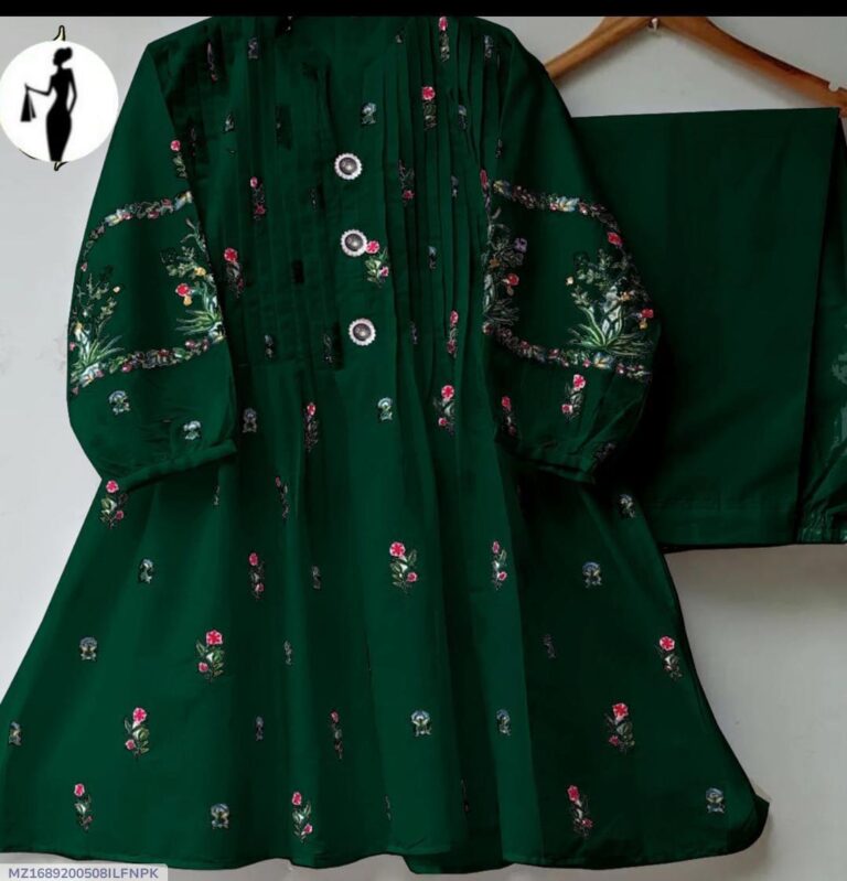 Stylish Green Cotton V-Neck Embroidered 2 Piece Suit With Trouser – Comfortable Everyday Wear for Women in Pakistan
