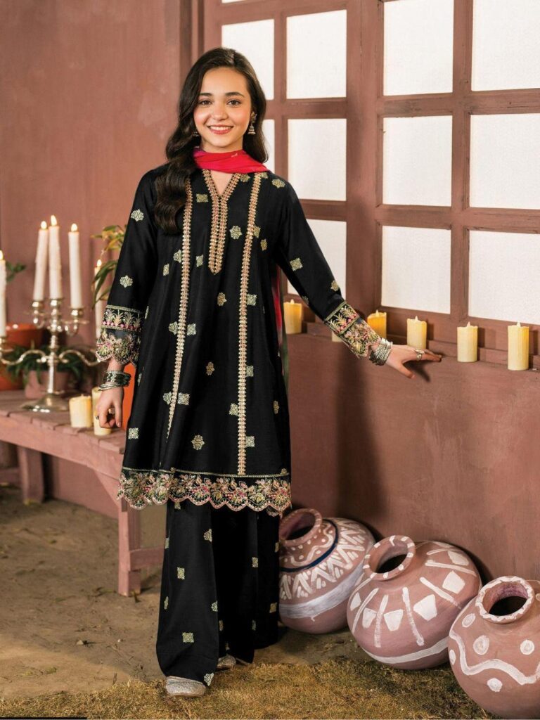 Elegant Black Embroidered Cotton Kurta Trouser Set for Girls – Premium 2 Piece Kids Outfit in Pakistan