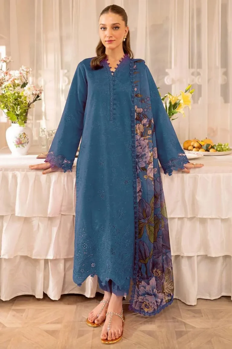 Elegant 3 Piece Embroidered Lawn Suit for Women – Blue Digital Print Dupatta Outfit for Summer Wear in Pakistan
