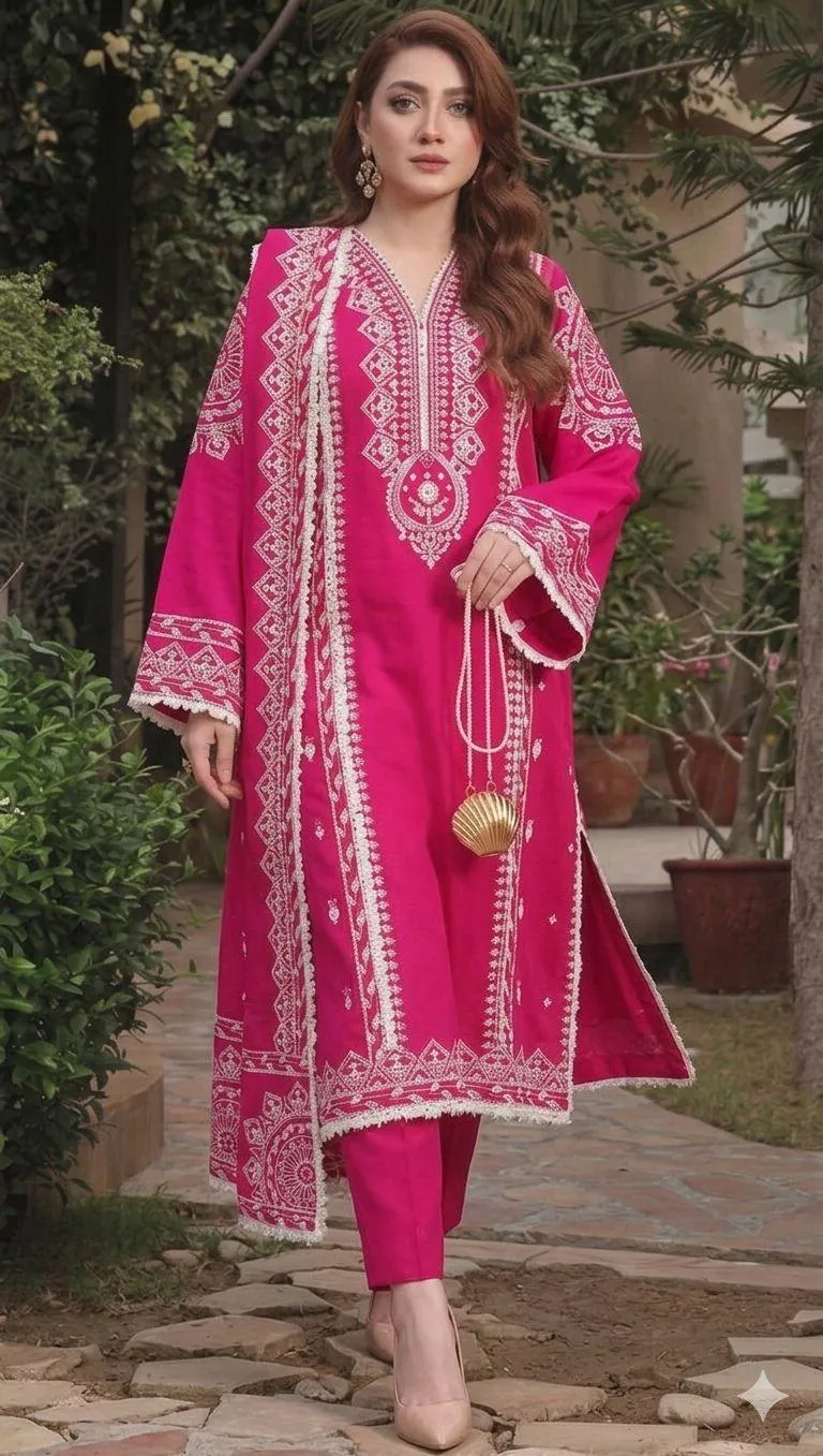 Elegant Pink Embroidered Lawn 3 Piece Suit With Digital Print Diamond Dupatta – Stylish Summer Outfit for Women