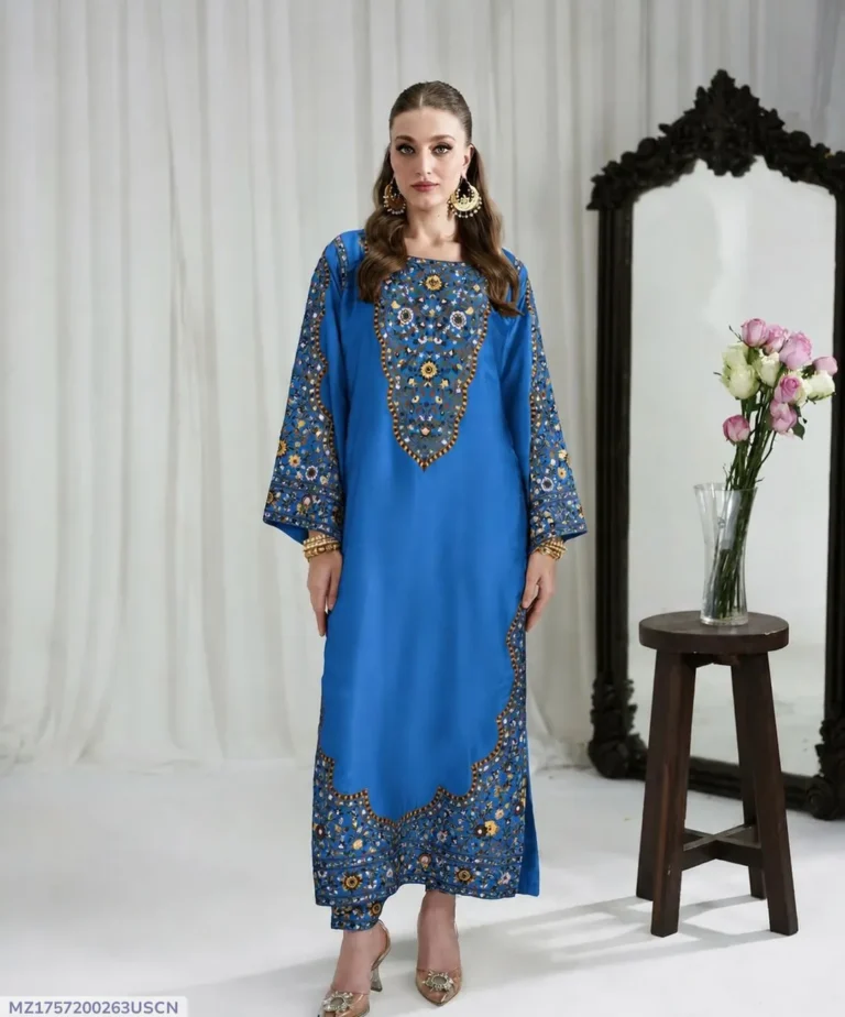 Blue Printed Lawn 2-Piece Outfit – Long Trending Casual Wear for Women