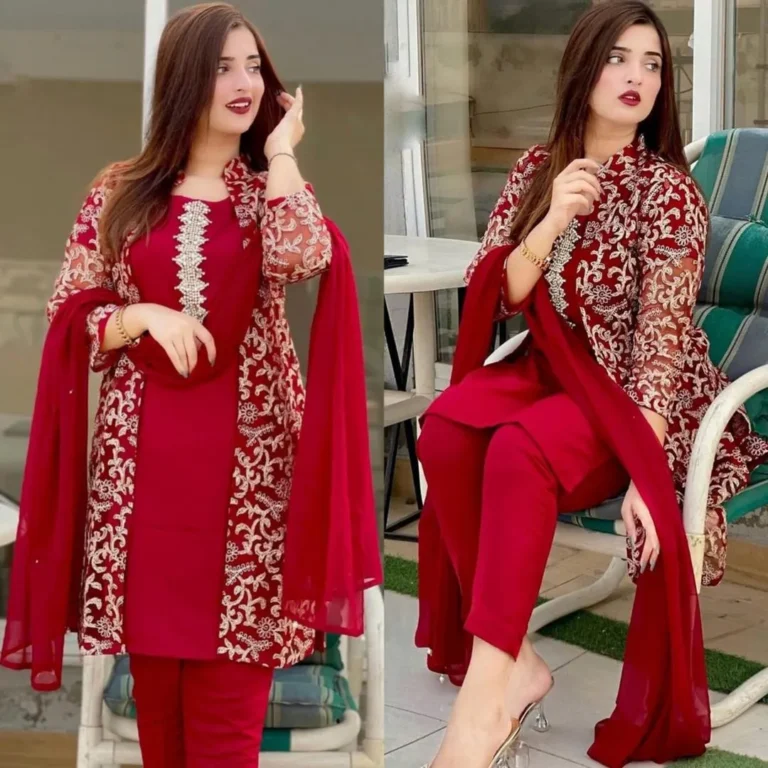 Maroon 4-Piece Embroidered Gown Set – Elegant Organza Front Open Style Outfit for Women