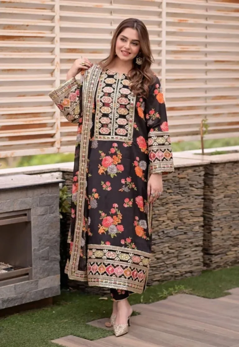 Aneela’s Printed 3 Piece Embroidered Swiss Lawn Suit – Black Digital Patch Work Flapper Dress for Women