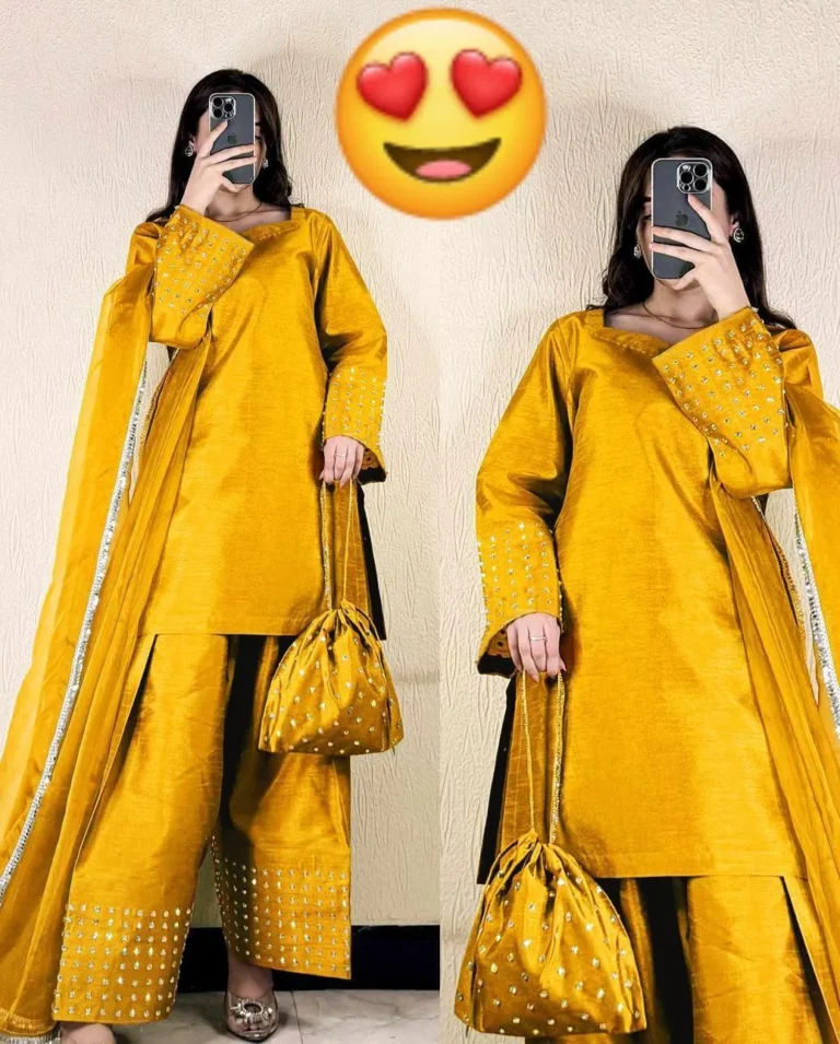 Mustard 4-Piece Farshi Shalwar Set with Potli – Elegant Pearl Embellished Festive Outfit for Women