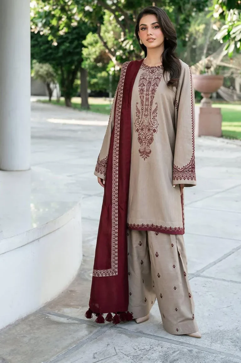 Elegant Beige Embroidered Lawn 3 Piece Suit with Digital Print Dupatta – Stylish Unstitched Outfit for Women in Pakistan