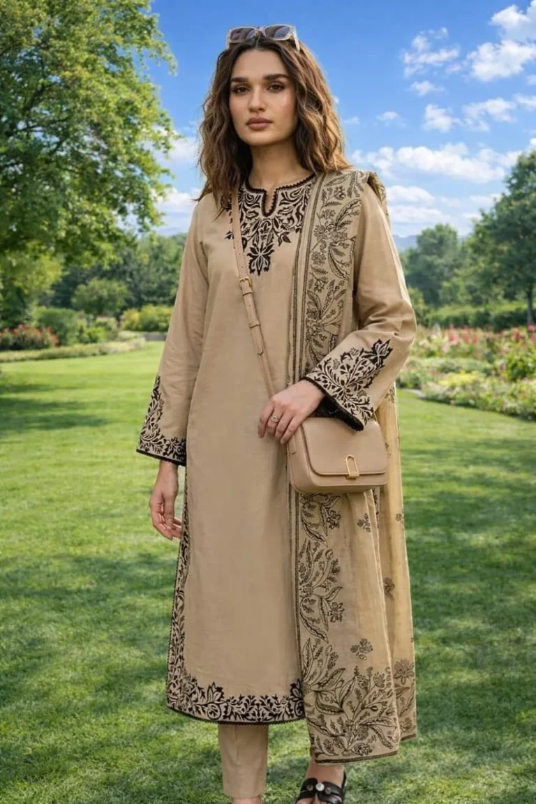 Elegant Beige Embroidered Lawn 3 Piece Suit with Printed Diamond Dupatta – Stylish Unstitched Outfit for Women in Pakistan