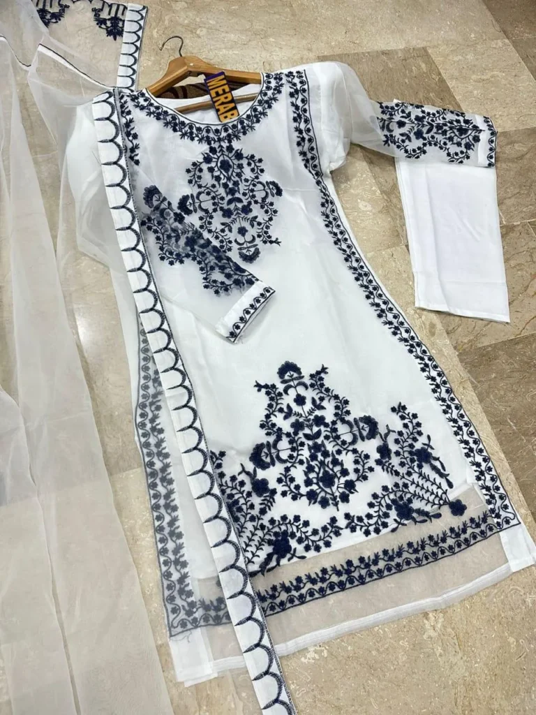 Elegant Blue Organza Embroidered 3 Piece Suit With Malai Trouser – Ready to Wear Festive Outfit for Women in Pakistan