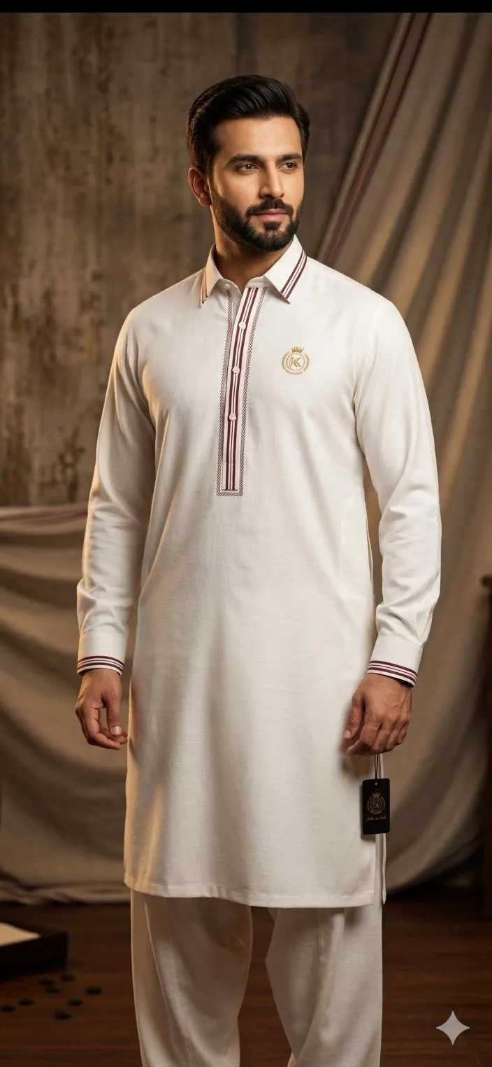 Elegant Men’s White Embroidered Kurta Pajama Set – Traditional Ethnic Wear for Weddings, Festive & Formal Occasions