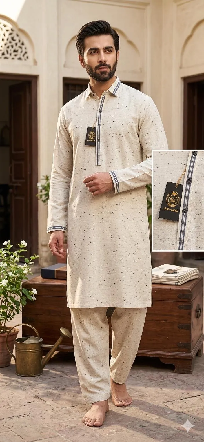 Premium Men’s Unstitched Off-White Summer Khaddar Suit: Classic Breathable Traditional Wear Guide in Pakistan