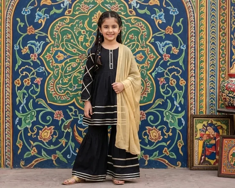 Elegant Black Embroidered Arabic Lawn Dress for Girls – Stylish 3 Piece Kids Outfit for Ages 1-12 Years