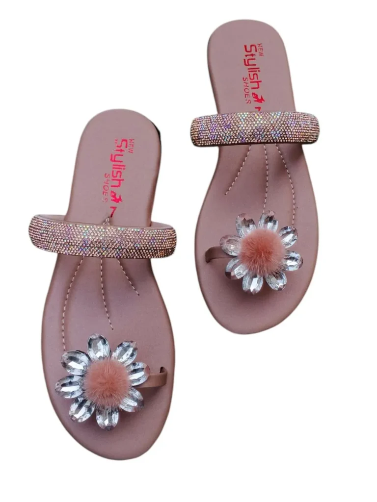 Pink Rhinestone Floral Flats for Women | Stylish Synthetic Leather Fancy Shoes for Weddings, Parties & Daily Wear in Pakistan