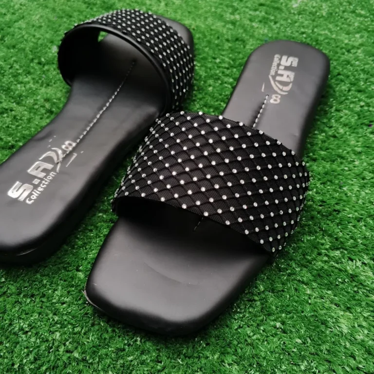 Black Rhinestone Synthetic Leather Flats for Women | Elegant Fancy Comfortable Wedding, Eid & Office Wear Shoes in Pakistan