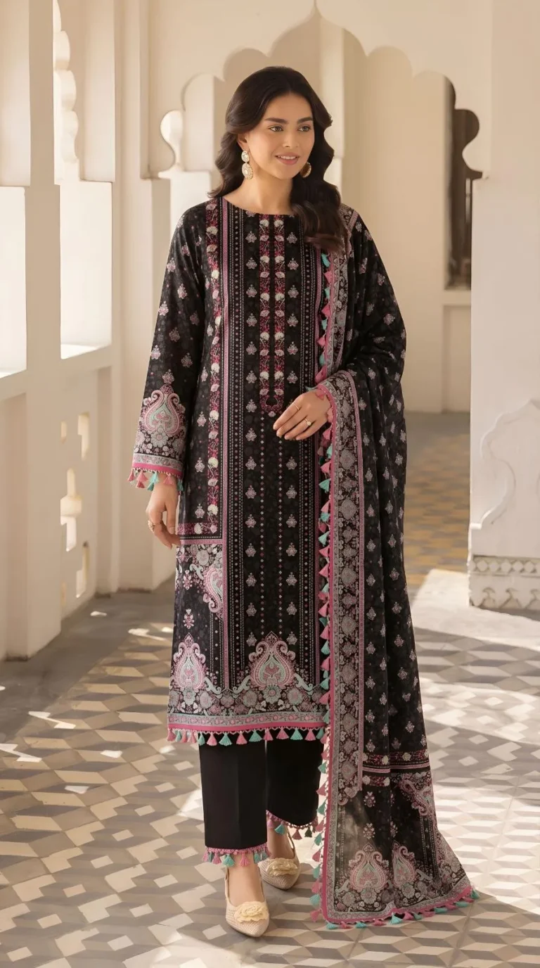 Elegant Black Printed Lawn 3 Piece Suit for Women – Stylish Shirt, Trouser & Dupatta Set for Summer Wear in Pakistan