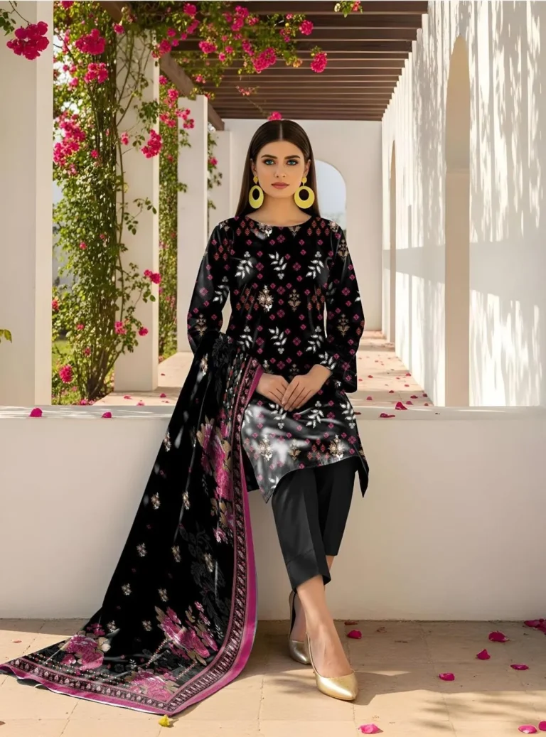 Elegant Black Printed Lawn 3 Piece Suit for Women – Stylish Shirt, Trouser & Dupatta Set for Summer Wear in Pakistan