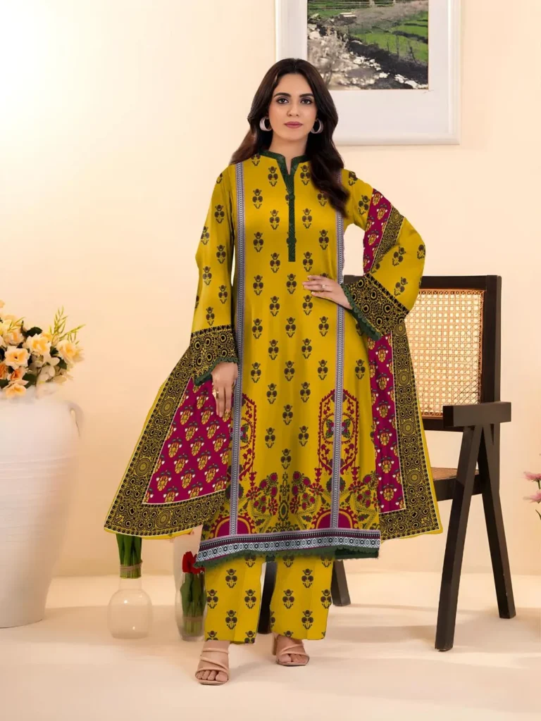 Yellow Dobby Lawn Printed 3 Piece Suit – Stylish & Comfortable Summer Wear for Women
