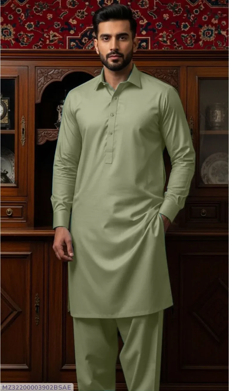 Premium Green Cotton Suit for Summer – Lightweight Plain Unstitched Suit for Men