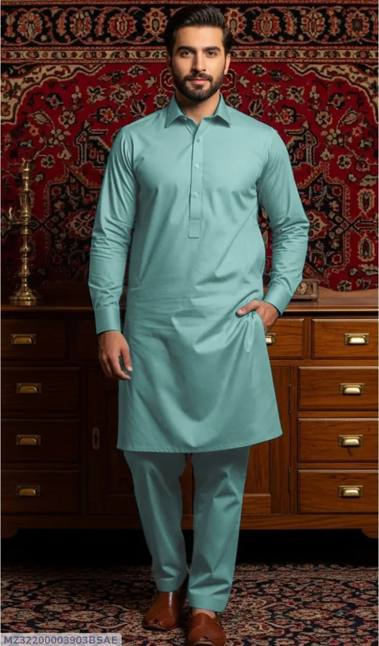 Premium Blue Cotton Suit for Summer – Lightweight Plain Cotton Unstitched Suit for Men