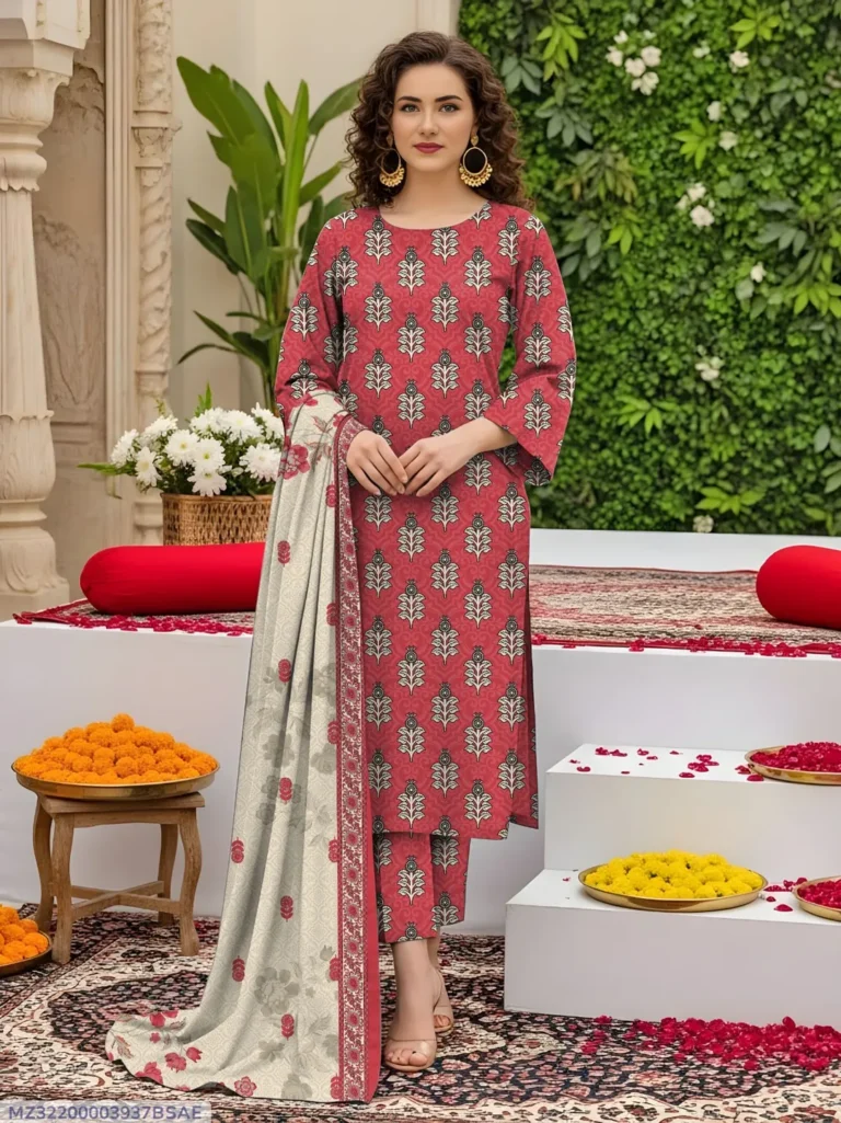 Red Printed Lawn 3 Piece Suit – Elegant & Trendy Summer Wear for Women