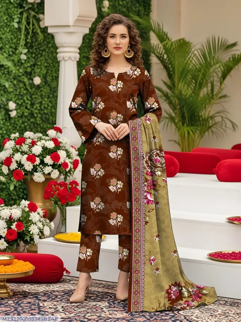 Brown Printed Lawn 3 Piece Suit – Elegant & Comfortable Summer Wear for Women