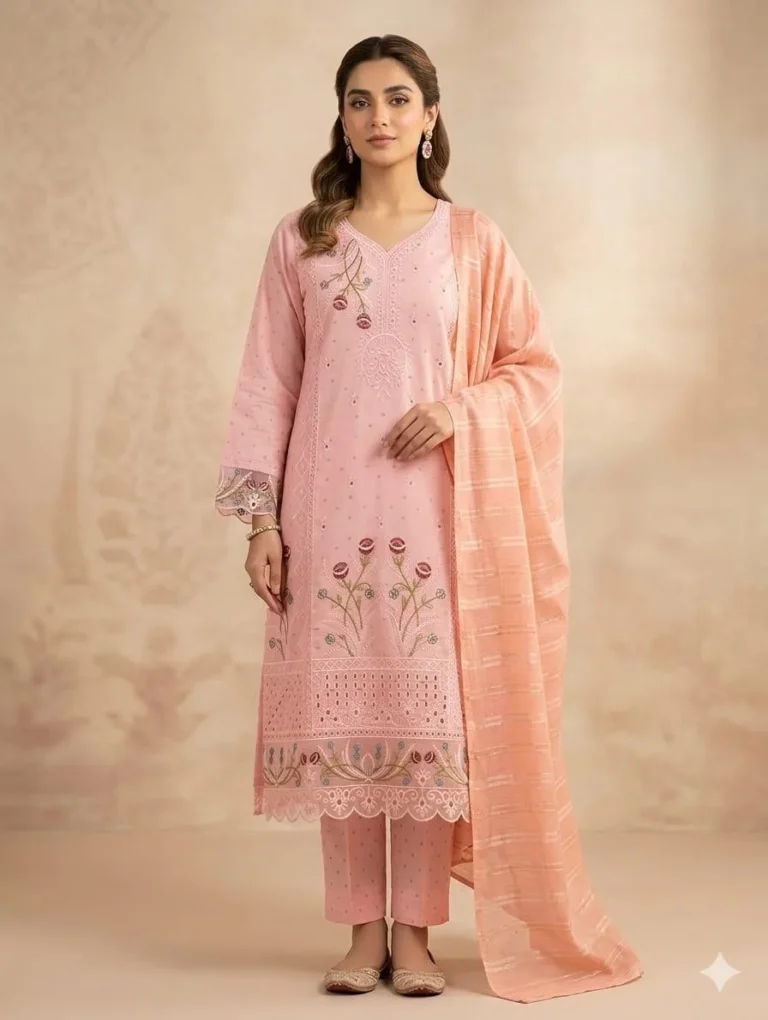 Elegant 3 Piece Embroidered Cotton Lawn Suit for Women – Pink Net Dupatta Zari Tilla Outfit for Festive Wear in Pakistan