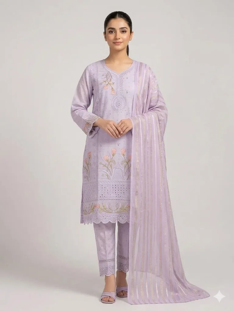 Elegant 3 Piece Embroidered Cotton Lawn Suit for Women – Lilac Net Dupatta Zari Tilla Festive Outfit in Pakistan