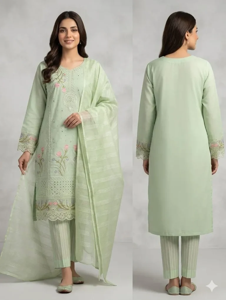 Elegant 3 Piece Embroidered Cotton Lawn Suit for Women – Green Net Dupatta Zari Tilla Festive Outfit in Pakistan