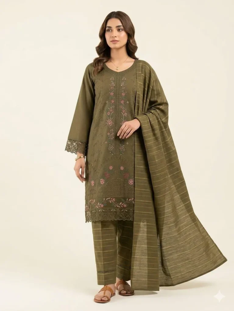 Elegant 3 Piece Embroidered Cotton Lawn Suit for Women – Multicolor Net Dupatta Zari Tilla Festive Outfit in Pakistan