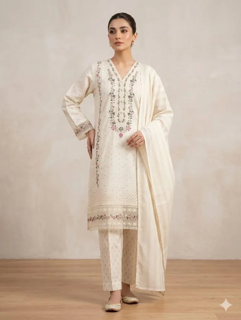 Elegant 3 Piece Embroidered Cotton Lawn Suit for Women – Off White Net Dupatta Zari Tilla Festive Dress in Pakistan