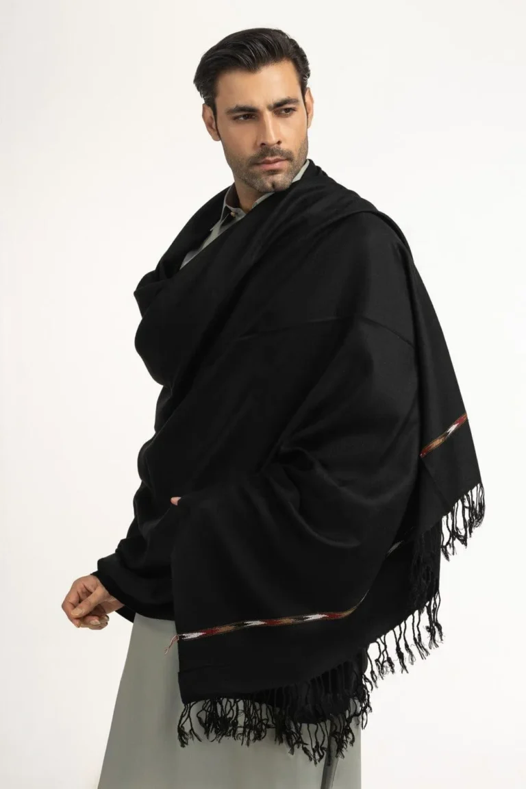 Premium Men’s Wool Plain Black Shawl – Elegant Winter Shawl for Weddings, Office & Formal Wear in Pakistan