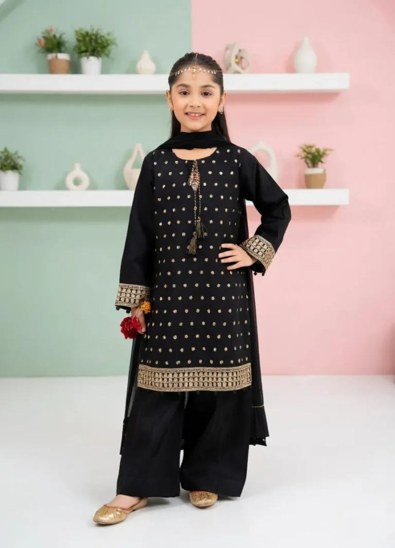 Stylish Black Embroidered Lawn Dress for Girls – Comfortable 3 Piece Kids Outfit for Ages 1-10 Years