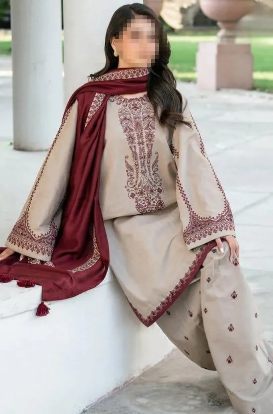 Elegant Ivory Embroidered Dhanak 3 Piece Suit for Women – Stylish Shirt, Trouser & Dupatta Set for Winter Wear in Pakistan