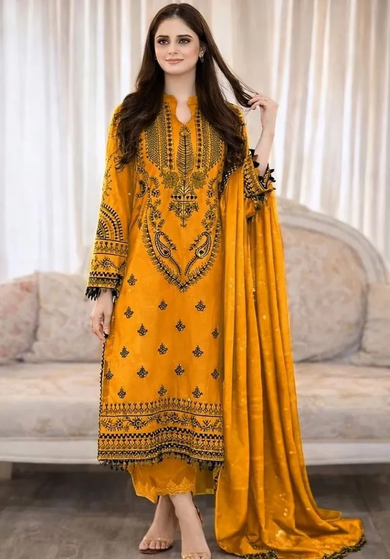 Mustard Embroidered Lawn 3 Piece Suit – Elegant Digital Print Dupatta Collection for Women