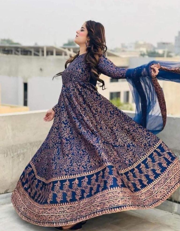 Elegant 3 Piece Stitched Katan Silk Maxi Suit – Navy Blue Printed Floral Dress for Women in Pakistan