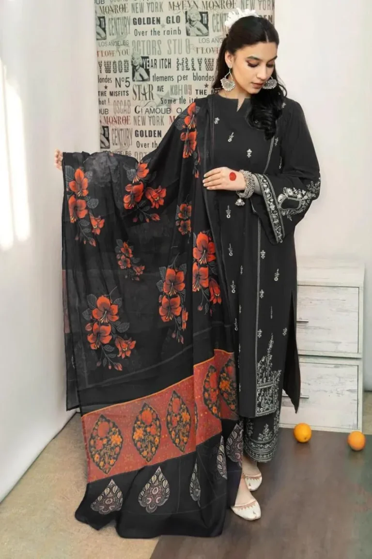 Black Embroidered Lawn 3 Piece Suit – Elegant Diamond Dupatta Collection for Women