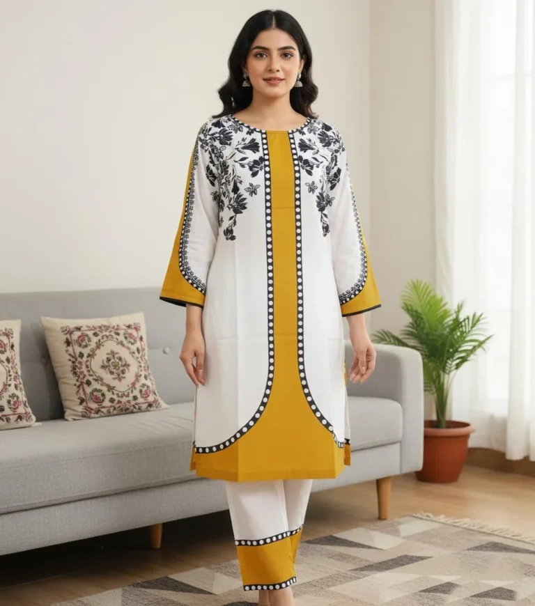 Mustard Printed Grip Silk 2 Piece Outfit – Elegant, Comfortable & Perfect for Everyday Wear