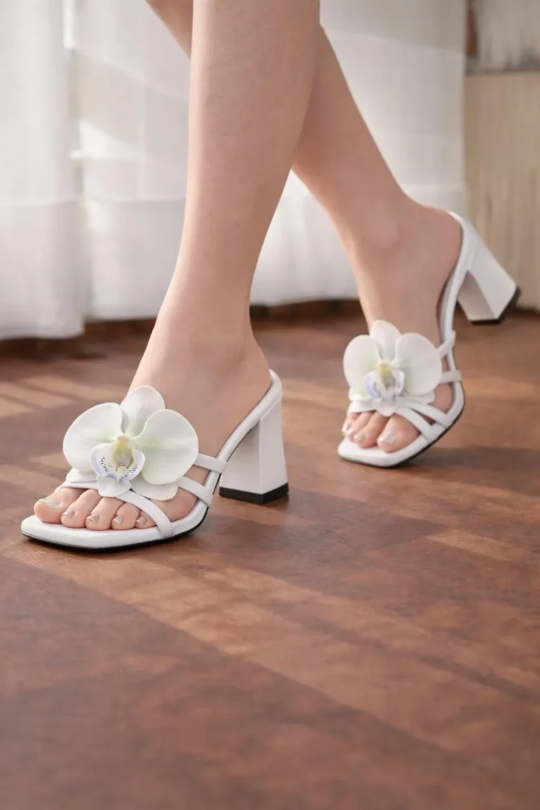 Elegant White Rexine Block Heels for Women in Pakistan – Stylish Fancy Heels for Weddings & Parties